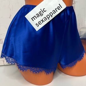 VS S M XL LUXE SATIN SLEEP SHORTS LOGO PAJAMAS LACE TRIM SOLID BLUE